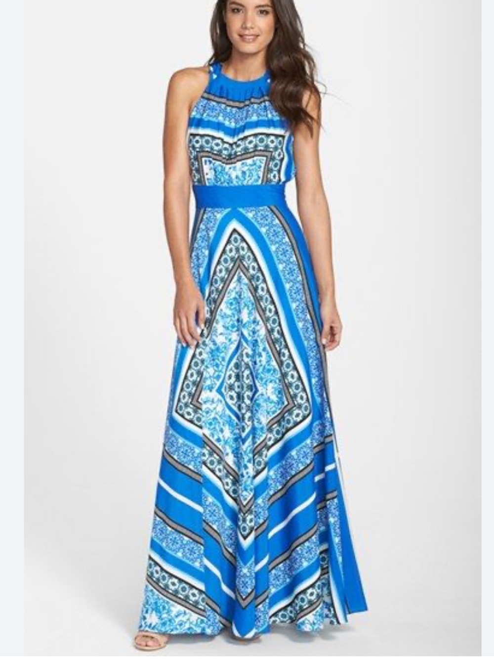 Eliza J Blue Scarf Print Halter Crepe de‎ Chine Maxi Dress